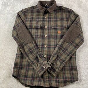 Roark Revival Flannel Shirt Mens Small Plaid Brown Wool Elbow Patches Outdoor
